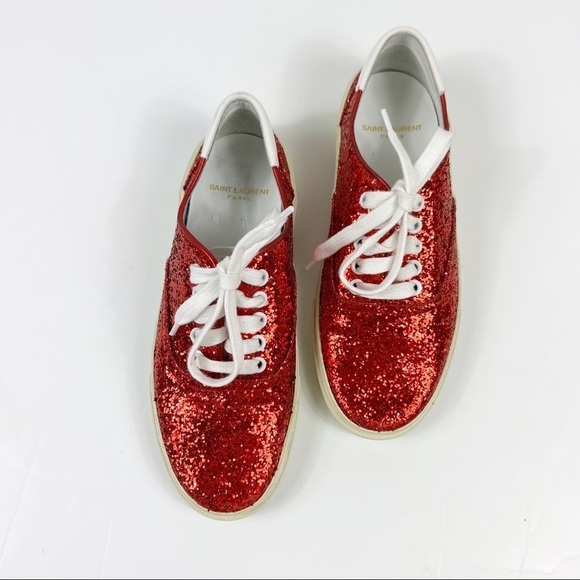 Saint Laurent Skate Red Glitter Sneakers Lace Up Low Top Size 37 - Picture 2 of 10